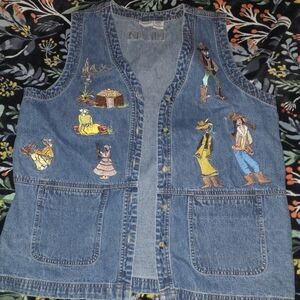 90s Embroidered Denim Vest with Colorful Figures